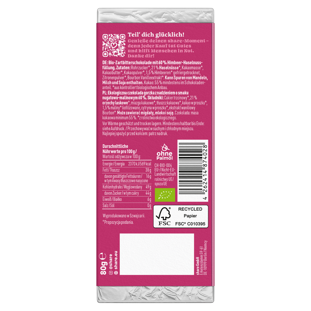 Bio Tafelschokolade Berry Kiss Praliné Zartbitter mit Himbeere 1x80g