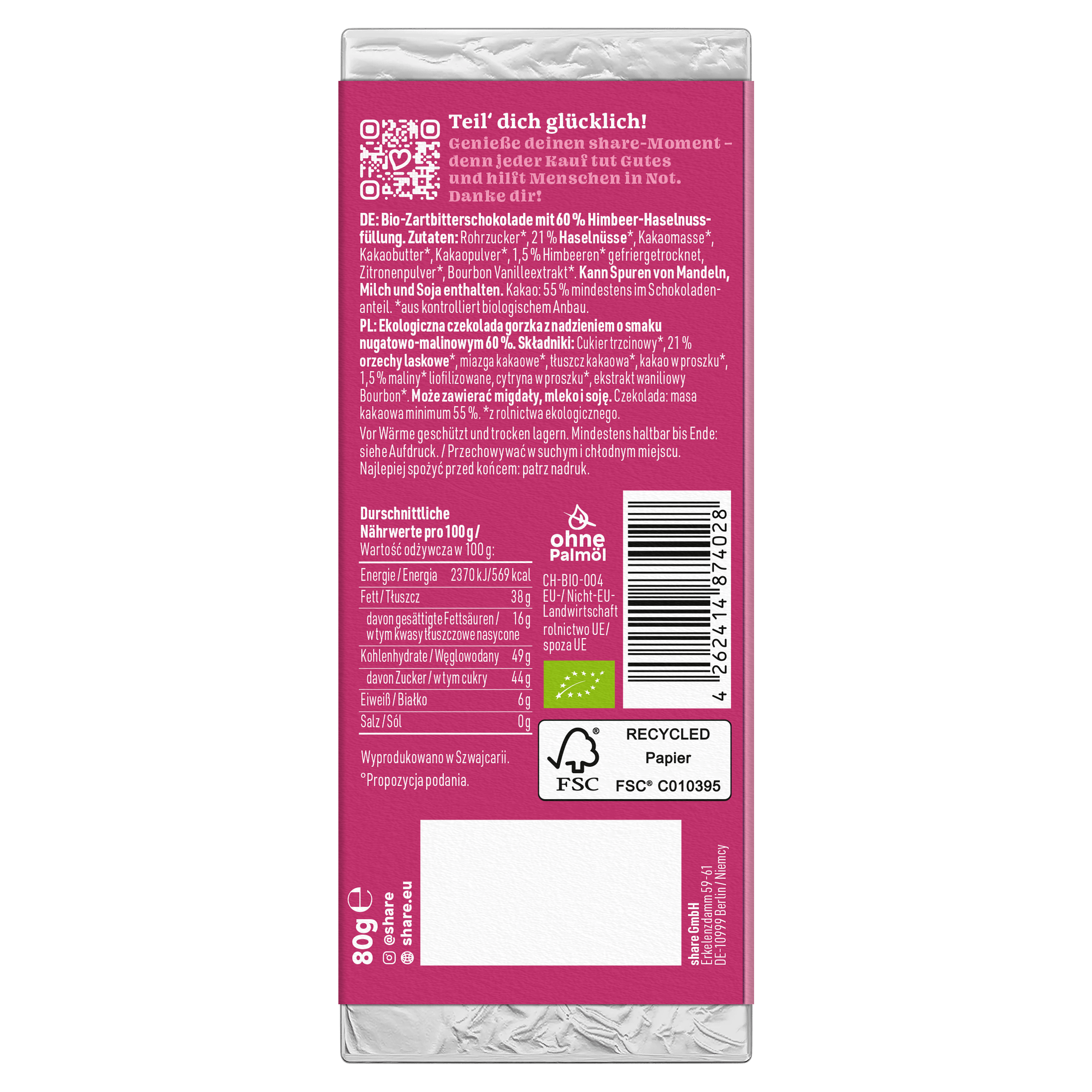 Bio Tafelschokolade Berry Kiss Praliné Zartbitter mit Himbeere 1x80g