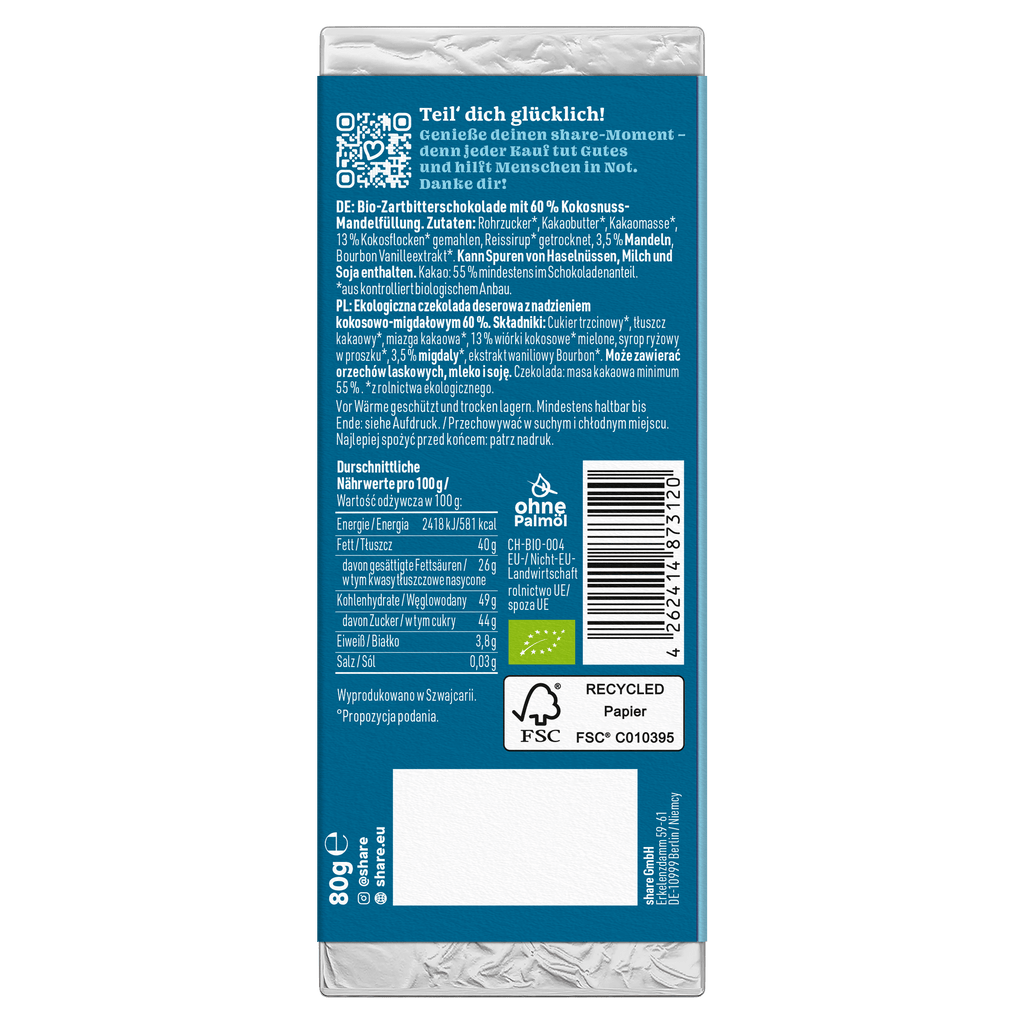 Bio Tafelschokolade Coconut Bliss Praliné Zartbitter mit Kokos & Mandel 1x80g