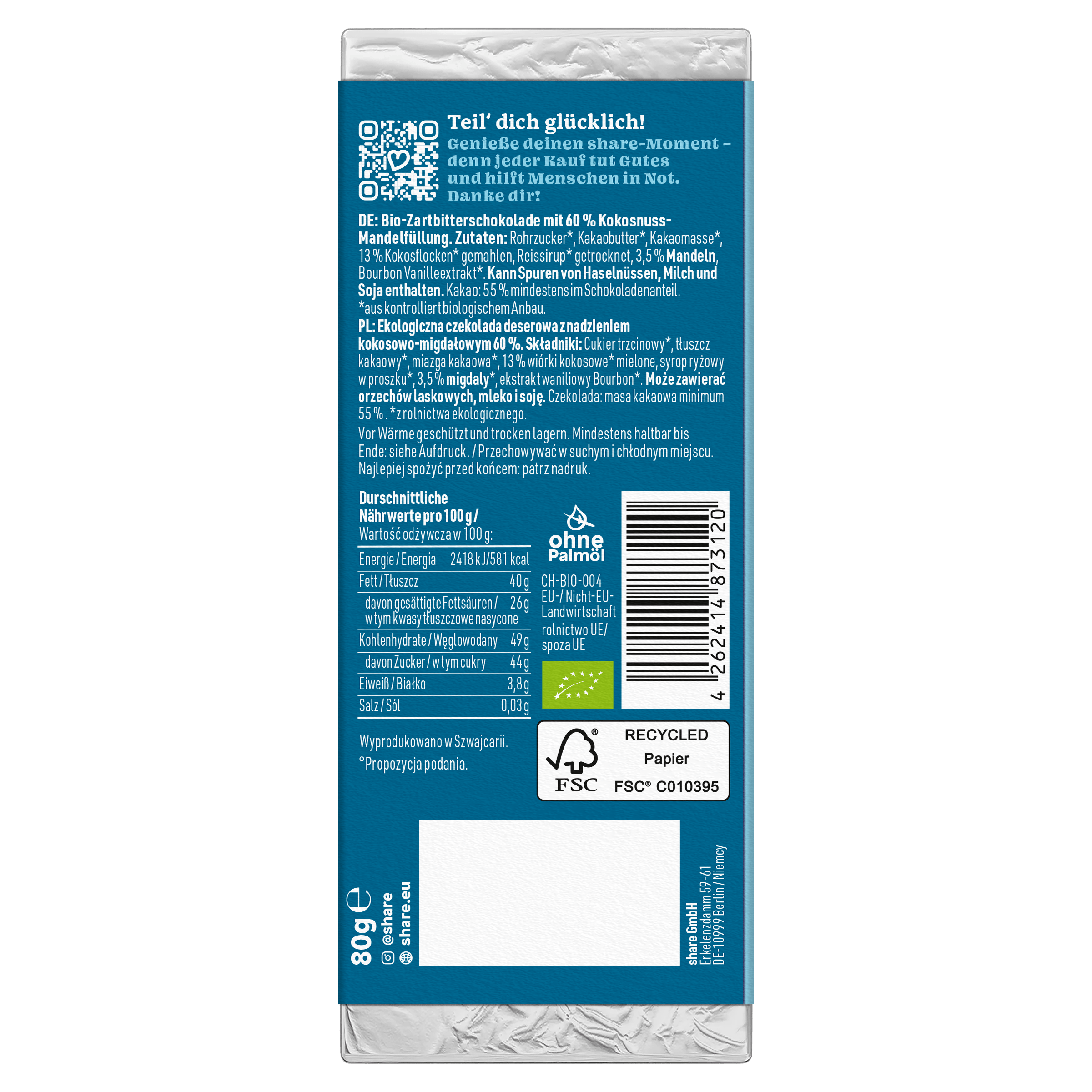 Bio Tafelschokolade Coconut Bliss Praliné Zartbitter mit Kokos & Mandel 1x80g