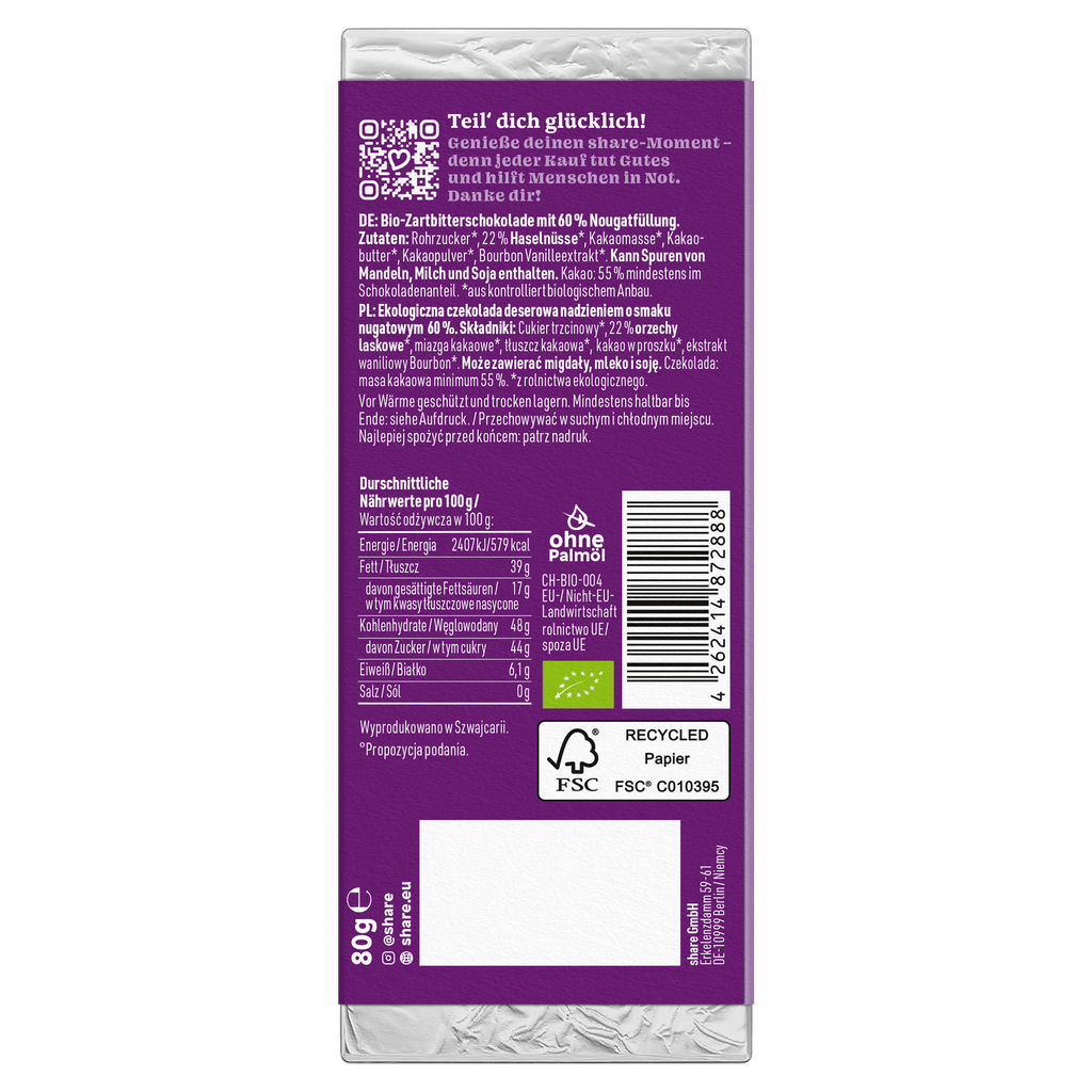 Bio Tafelschokolade Creamy Nougat Praliné Zartbitter mit Nougat 1x80g