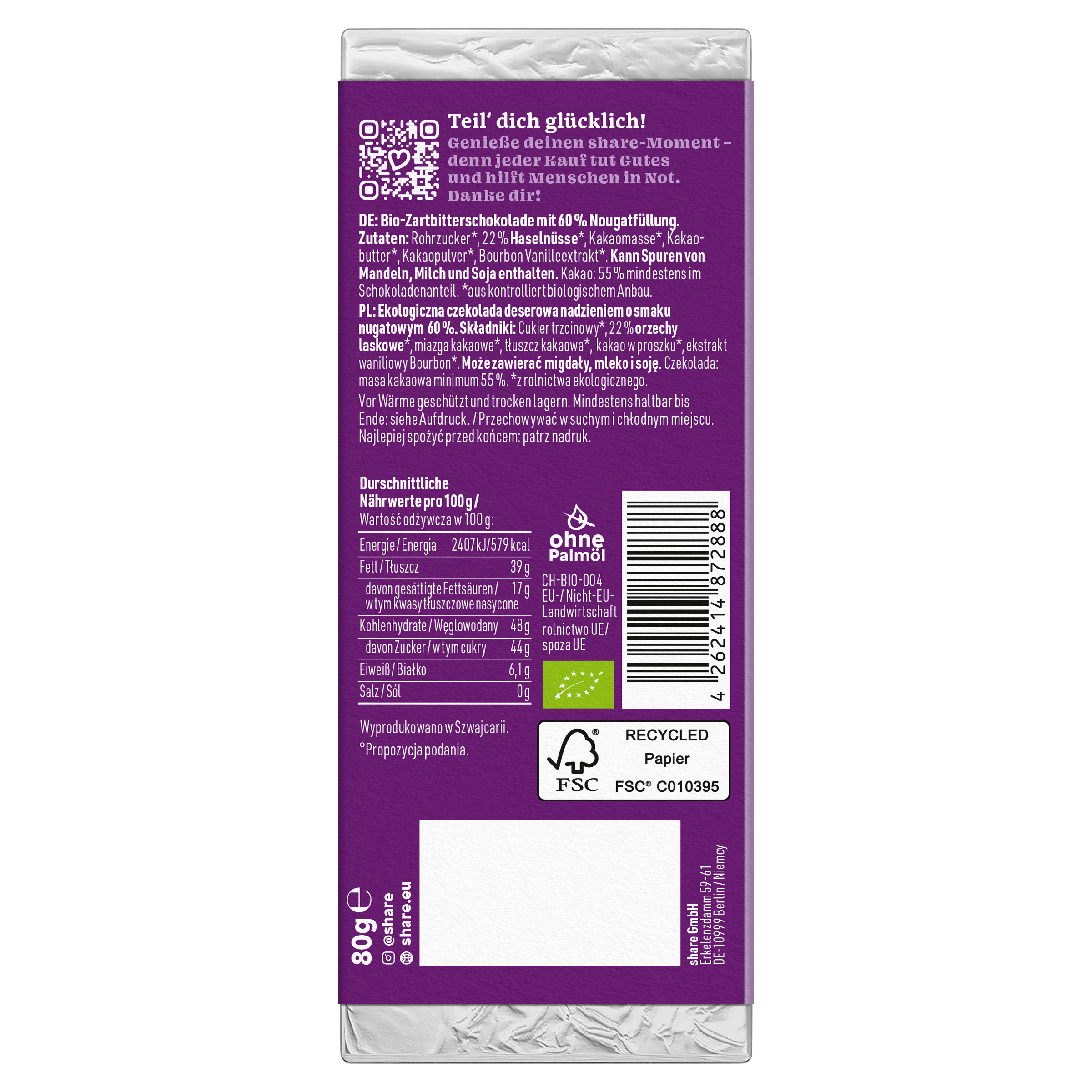Bio Tafelschokolade Creamy Nougat Praliné Zartbitter mit Nougat 1x80g