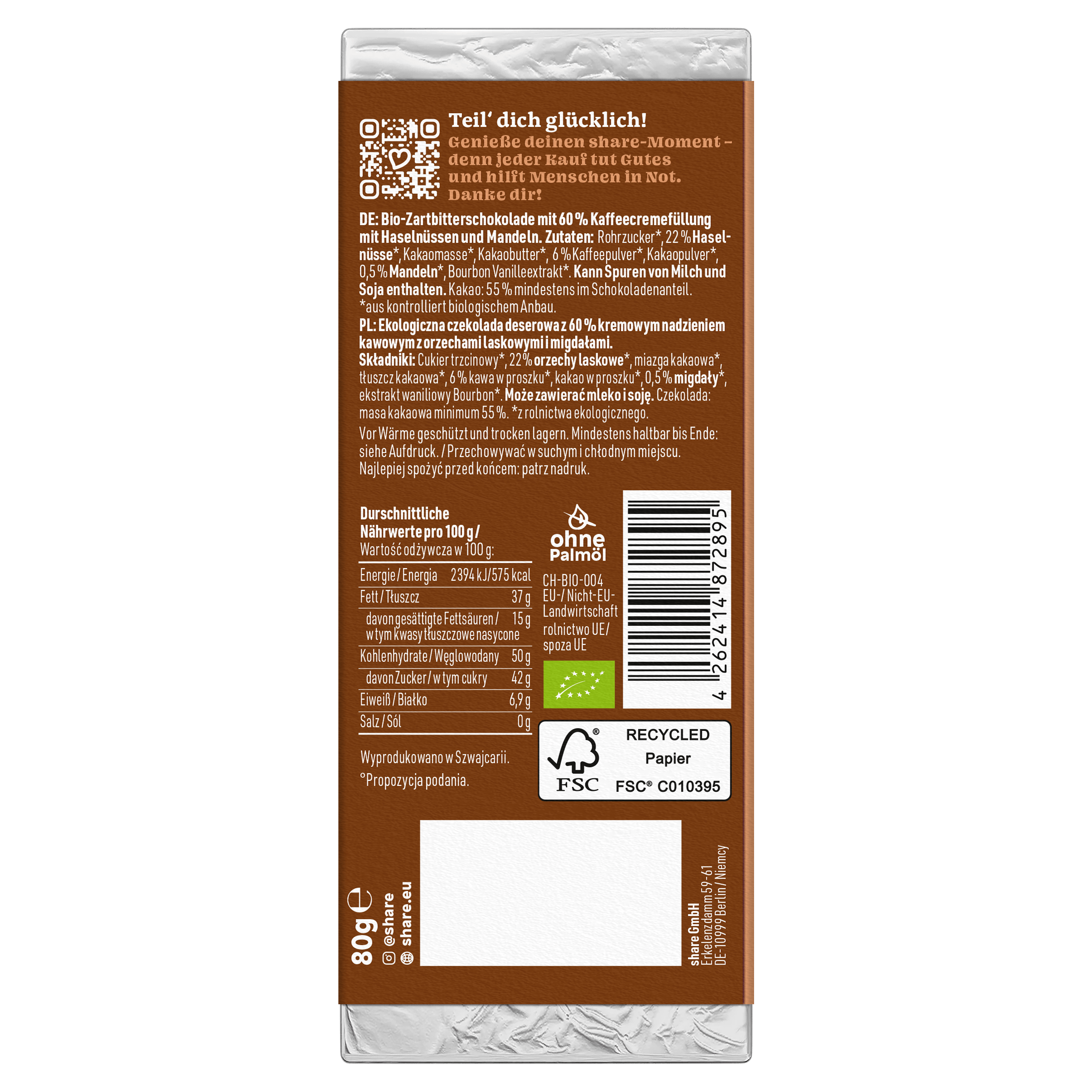 Bio Tafelschokolade Mocca Crush Praliné Zartbitter mit Mokka 1x80g